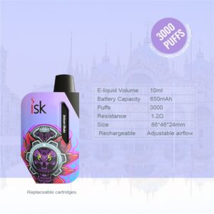 ISK051 Vape POD Boleh Isi Semula 3000 Puffs Boleh guna dengan aliran udara boleh laras kartrij boleh ganti boleh dicas semula