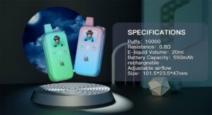 ISK055 10000 Puffs POD Pakai Buang Vape dengan aliran udara boleh laras bateri boleh dicas semula 20ml